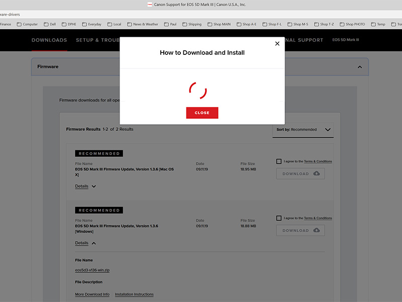 "Installation Instructions" for updating the firmware on a Canon EOS 5D III not working.